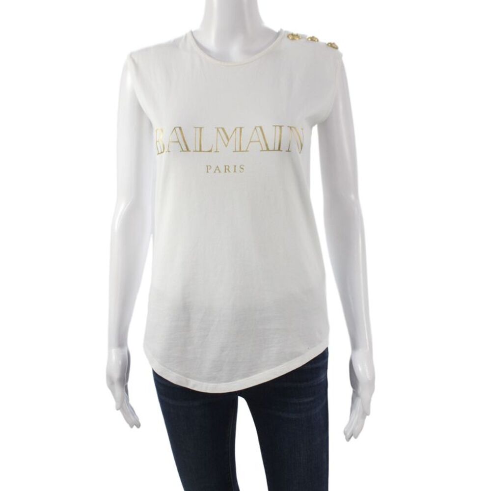 Balmain Women Sleeveless White Cotton Jersey Graphic T-Shirt Crew Neck Size 34